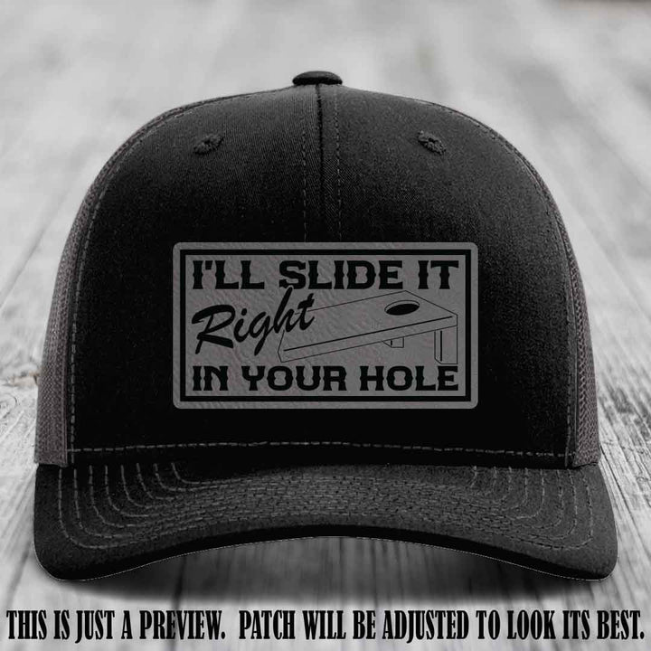 I'll Slide It Right In Your Hole π Grey to Black Patch Leather Patch Hat on Black to Charcoal Hat