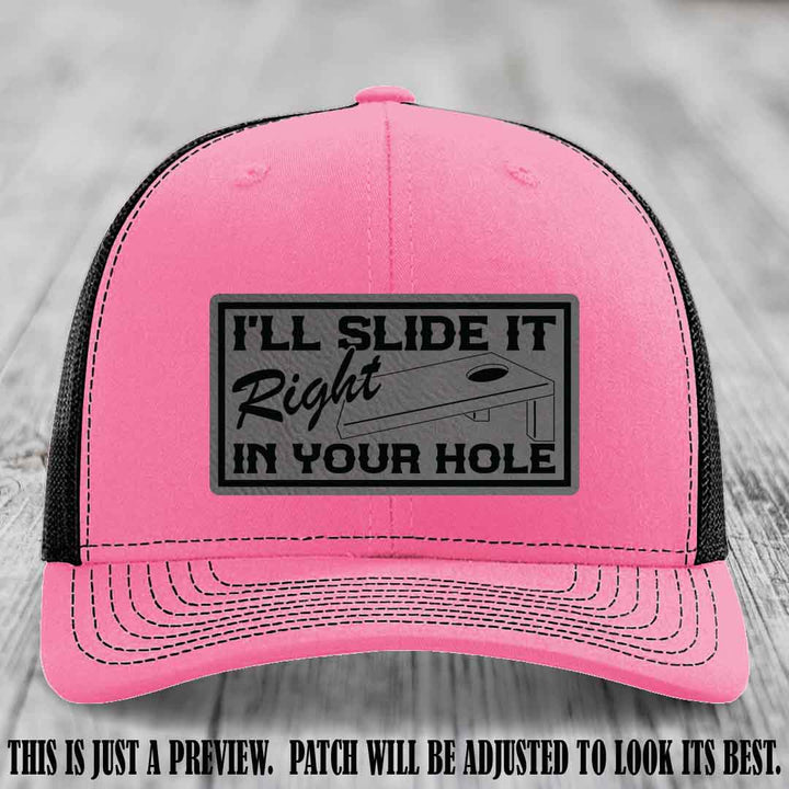 I'll Slide It Right In Your Hole π Grey to Black Patch Leather Patch Hat on Hot Pink to Black Hat