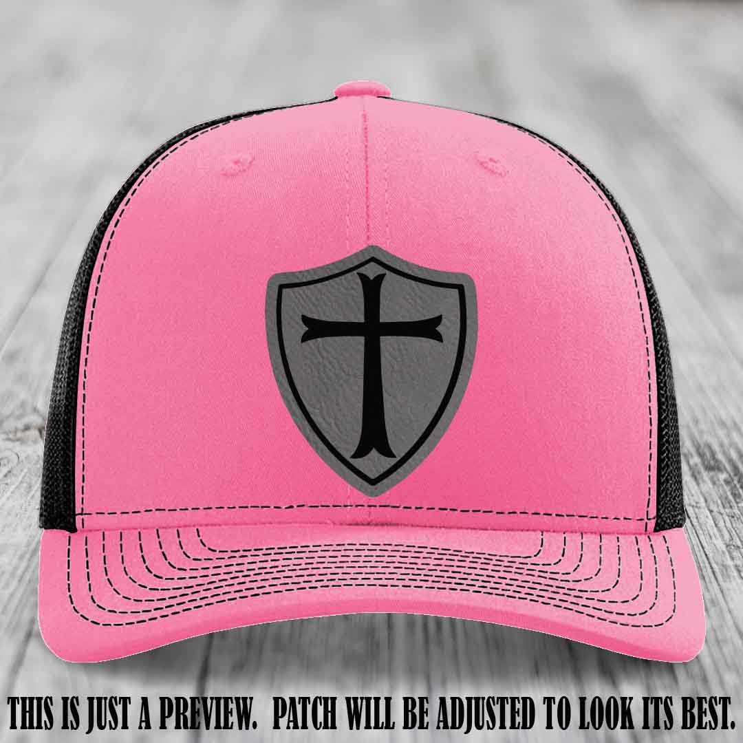 Holy Shield design on a Grey to Black Patch Richardson 112 hat (Hot Pink to Black Hat)