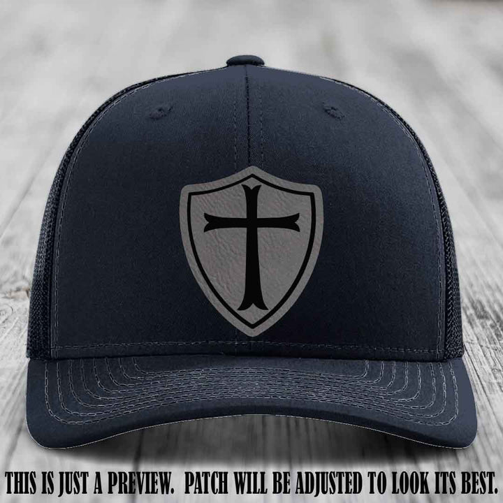 Holy Shield design on a Grey to Black Patch Richardson 112 hat (Navy Hat)