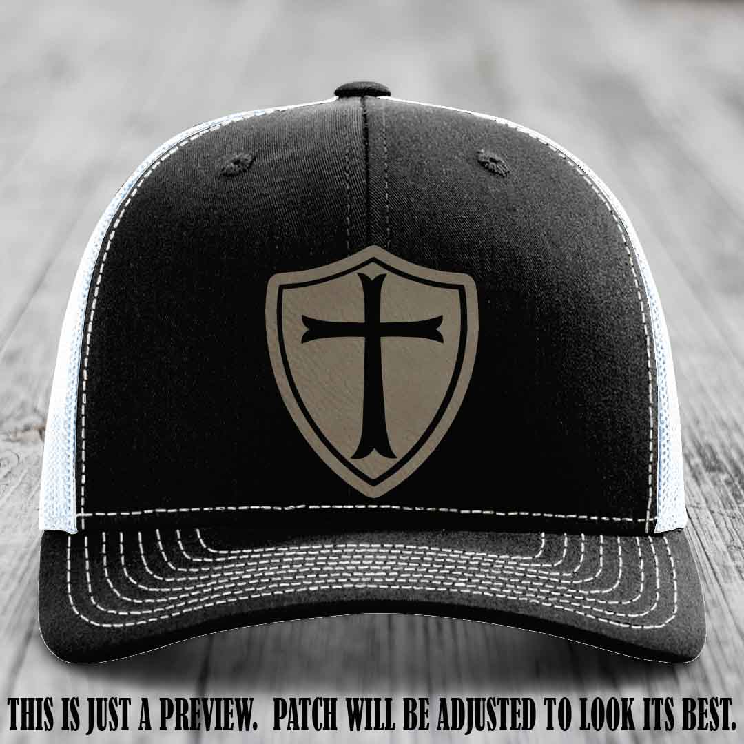 Holy Shield design on a Light Brown to Black Patch Richardson 112 hat (Black to White Hat)
