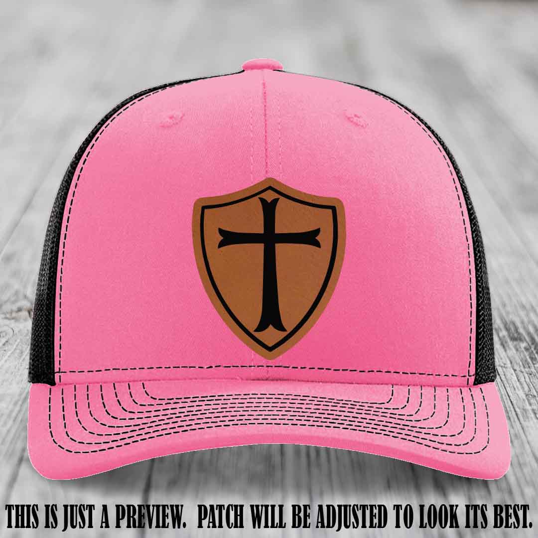 Holy Shield design on a Rawhide to Black Patch Richardson 112 hat (Hot Pink to Black Hat)