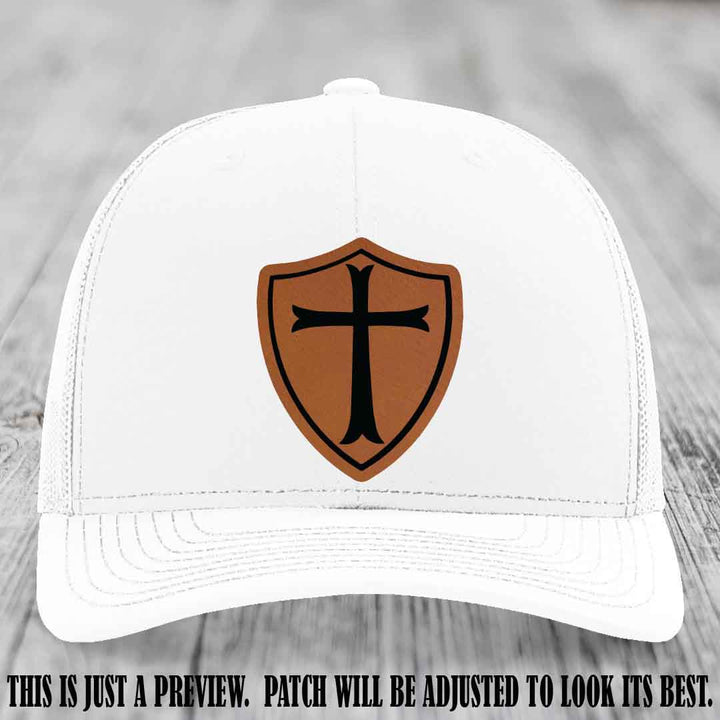 Holy Shield design on a Rawhide to Black Patch Richardson 112 hat (White Hat)