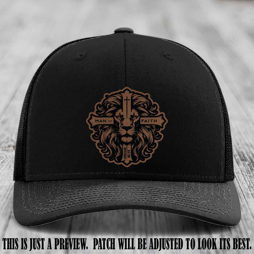 Man of Faith design Dark Brown to Black Patch on Black Hat Richardson 112 leather patch hat