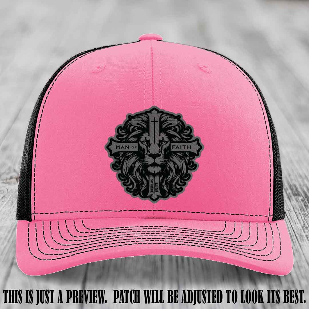 Man of Faith design Grey to Black Patch on Hot Pink to Black Hat Richardson 112 leather patch hat