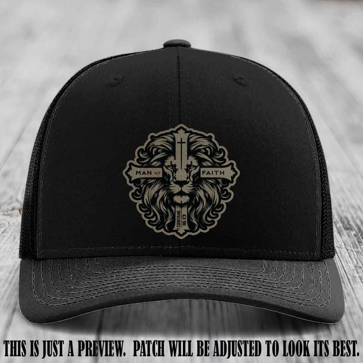 Man of Faith design Light Brown to Black Patch on Black Hat Richardson 112 leather patch hat