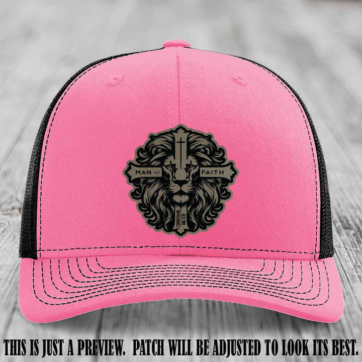 Man of Faith design Light Brown to Black Patch on Hot Pink to Black Hat Richardson 112 leather patch hat