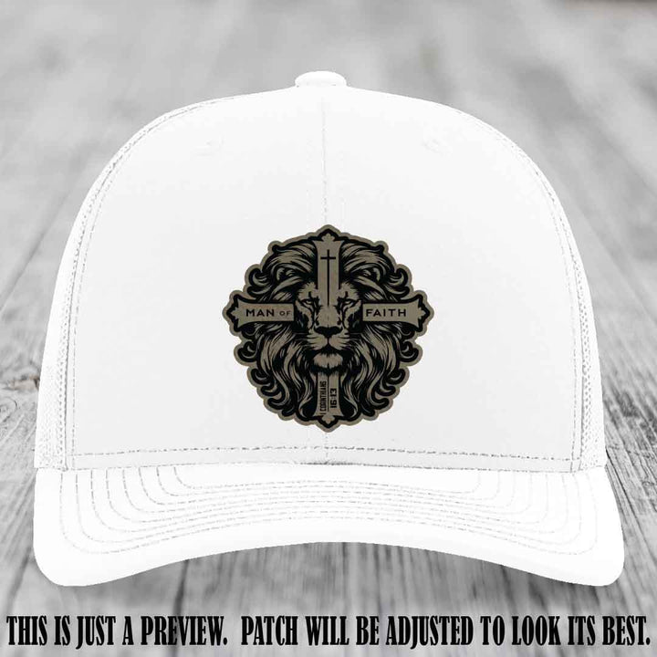 Man of Faith design Light Brown to Black Patch on White Hat Richardson 112 leather patch hat