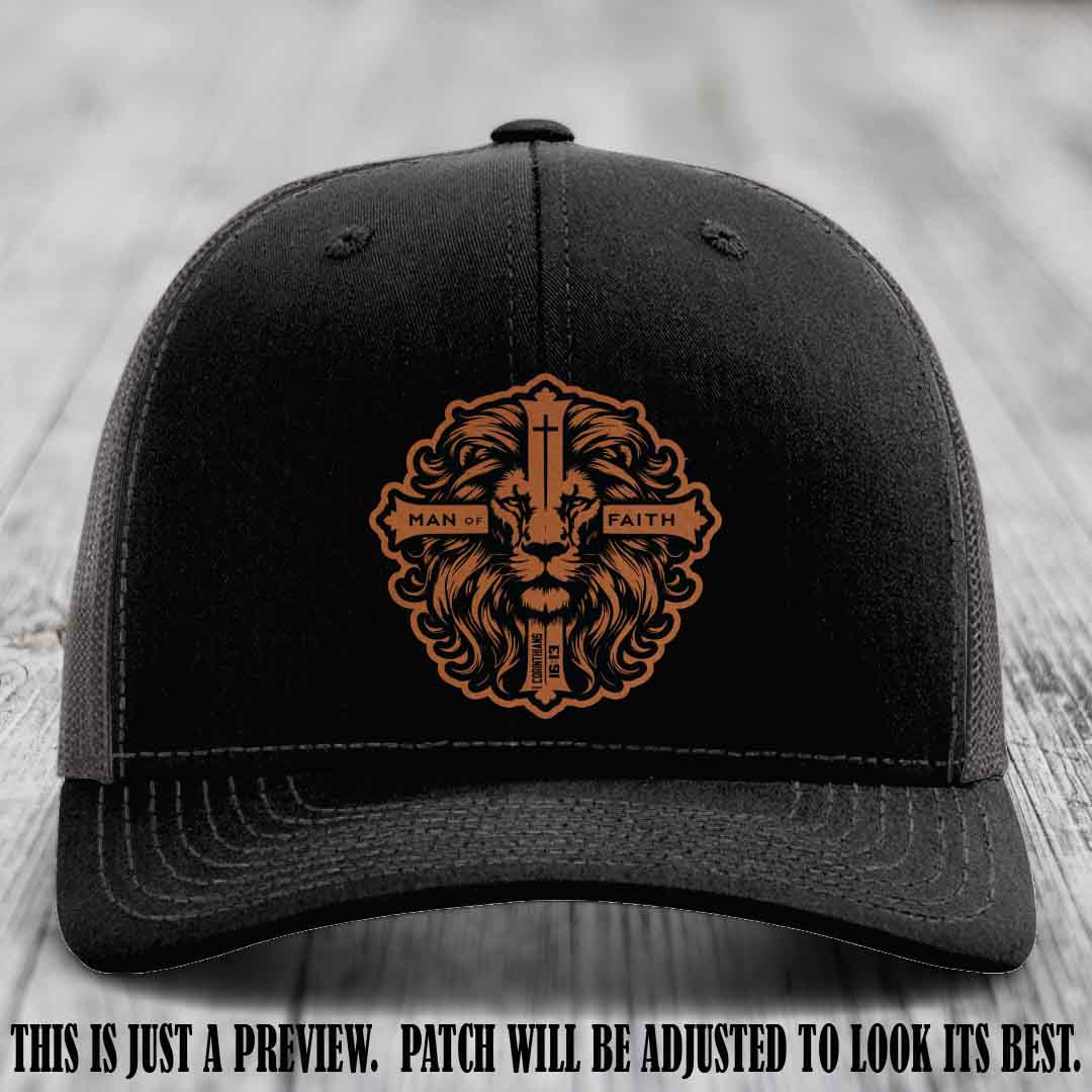 Man of Faith design Rawhide to Black Patch on Black to Charcoal Hat Richardson 112 leather patch hat
