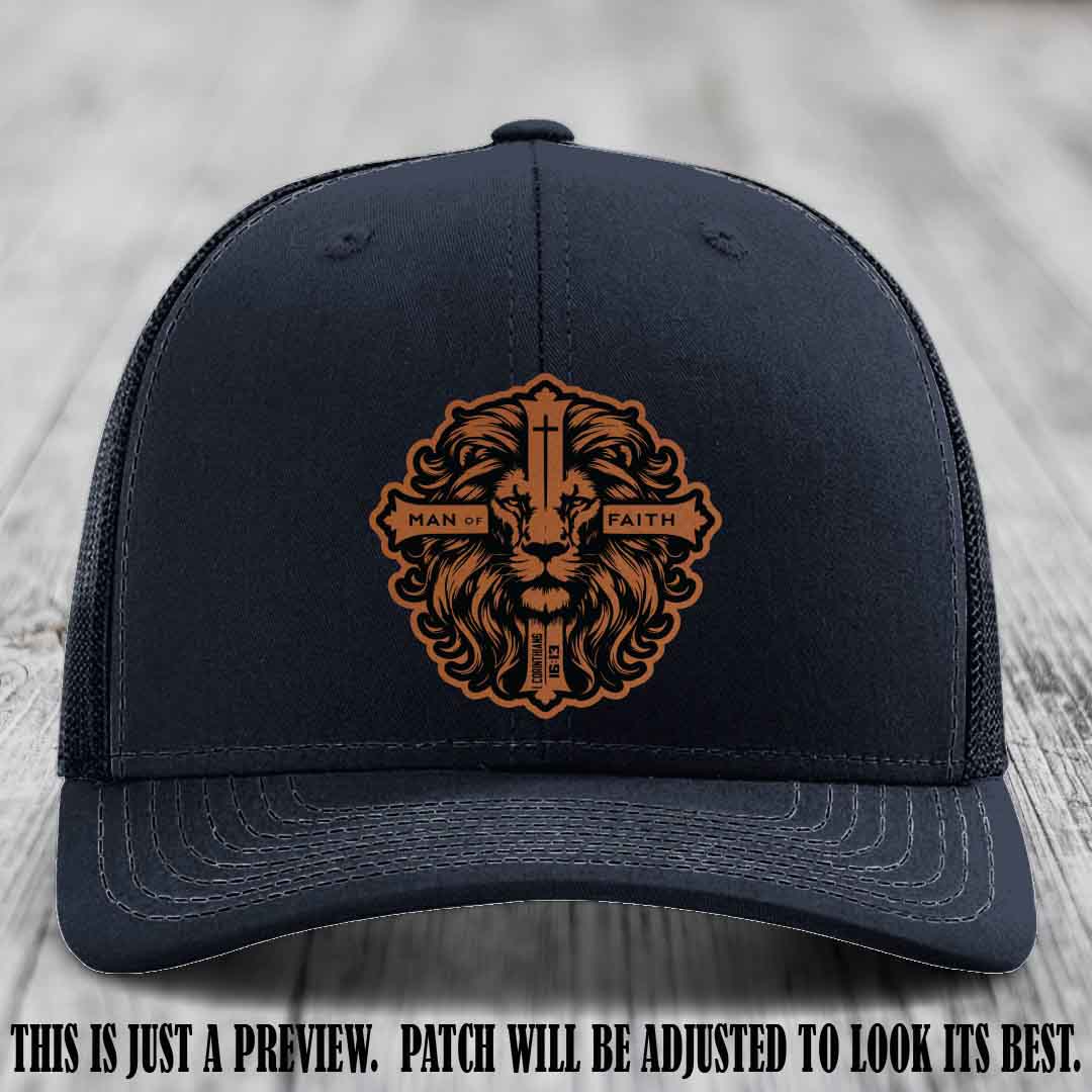 Man of Faith design Rawhide to Black Patch on Navy Hat Richardson 112 leather patch hat