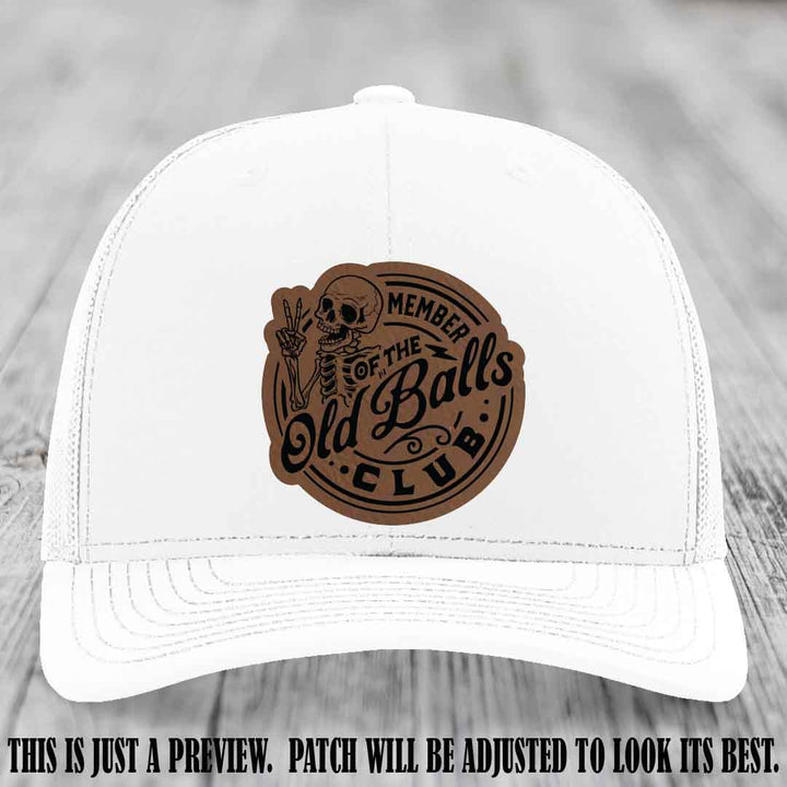 Member of the Old Balls Club Dark Brown to Black Patch on White Hat - Richardson 112 Leather Patch Hat