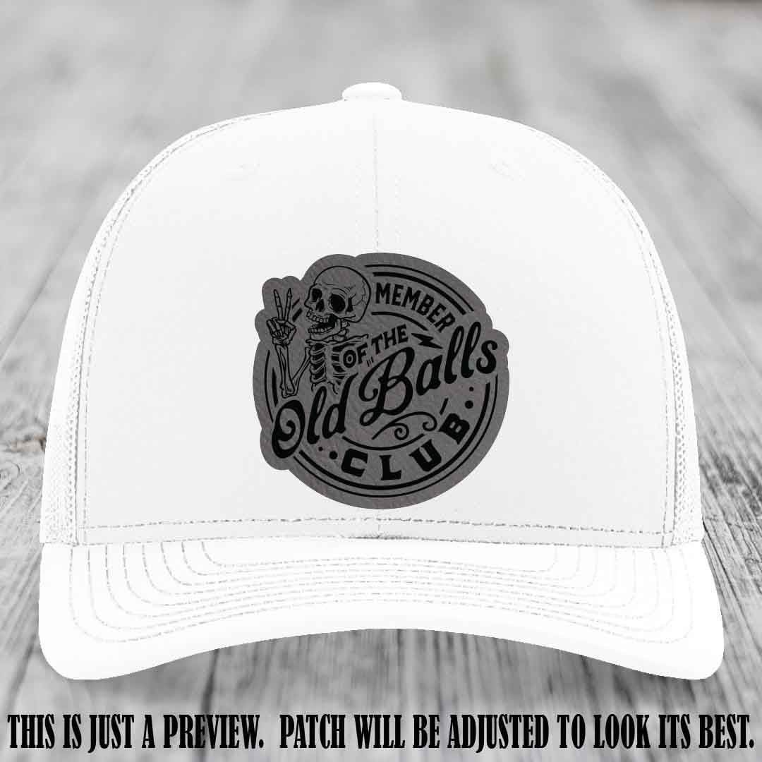 Member of the Old Balls Club Grey to Black Patch on White Hat - Richardson 112 Leather Patch Hat