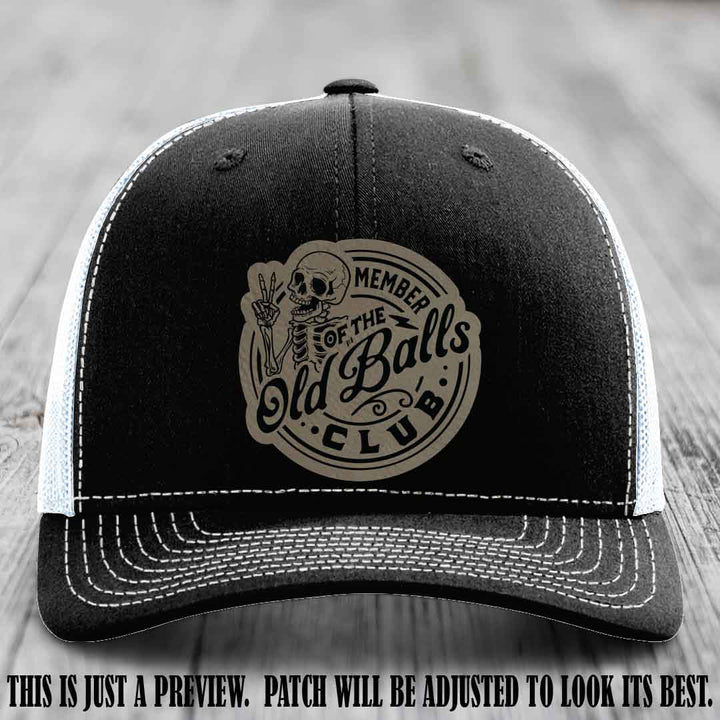 Member of the Old Balls Club Light Brown to Black Patch on Black to White Hat - Richardson 112 Leather Patch Hat