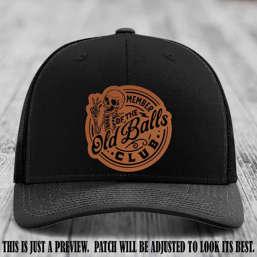 Member of the Old Balls Club Rawhide to Black Patch on Black Hat - Richardson 112 Leather Patch Hat