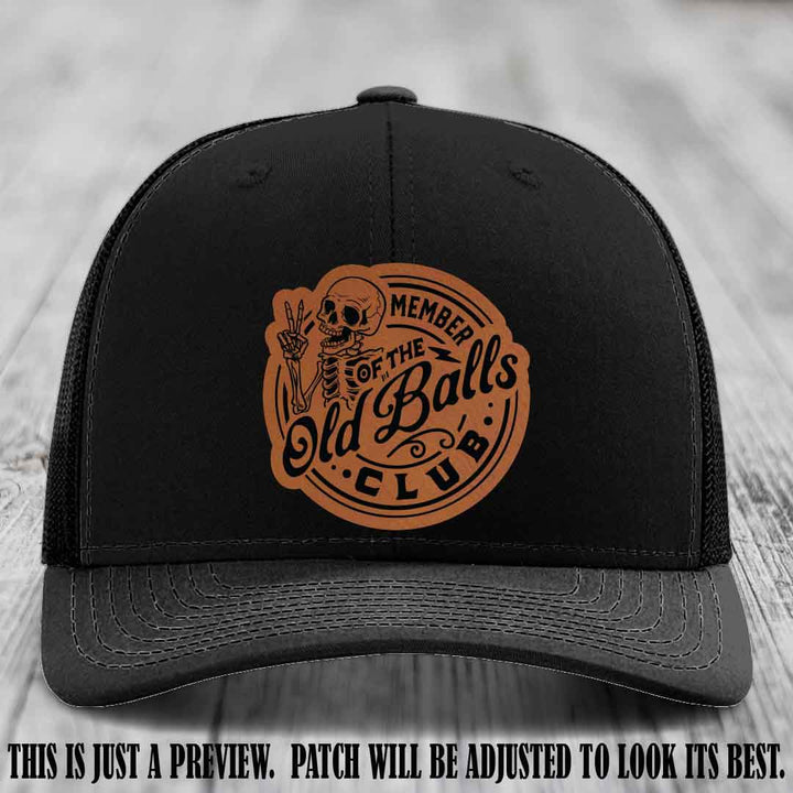 Member of the Old Balls Club Rawhide to Black Patch on Black Hat - Richardson 112 Leather Patch Hat