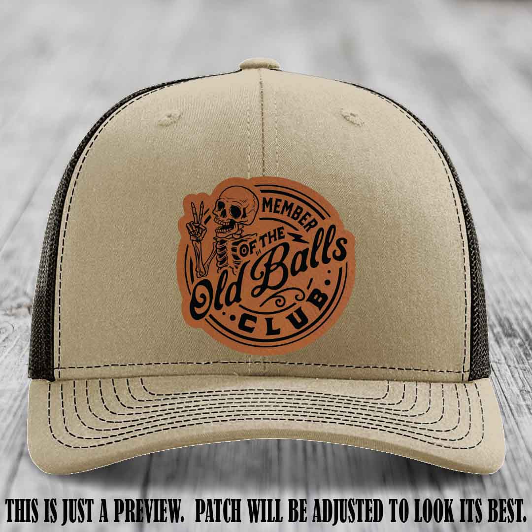 Member of the Old Balls Club Rawhide to Black Patch on Khaki to Coffee Hat - Richardson 112 Leather Patch Hat