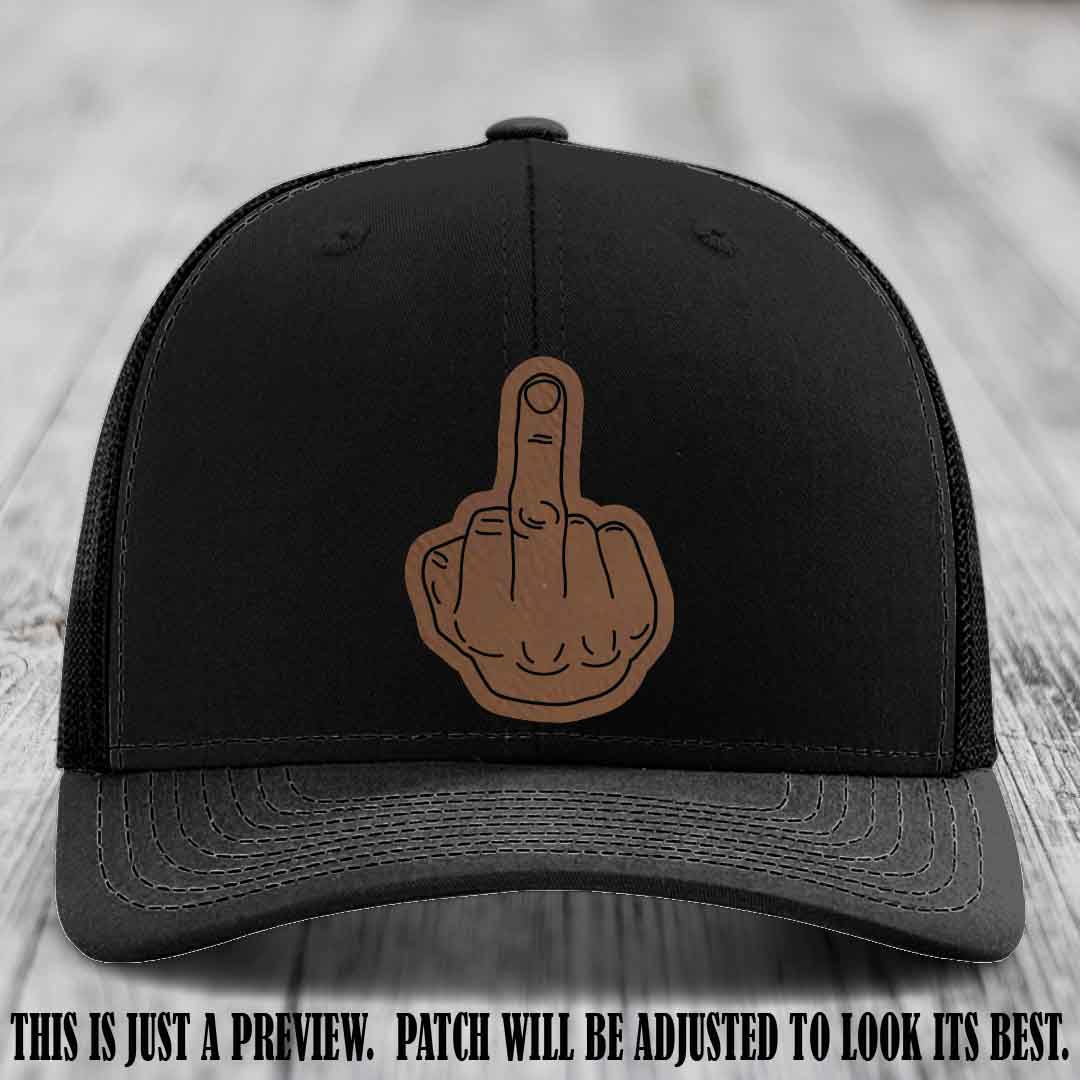 Flipping the Bird Dark Brown to Black Patch Leather Patch on Black Hat