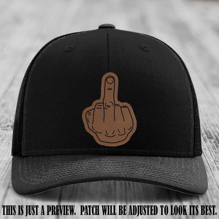 Flipping the Bird Dark Brown to Black Patch Leather Patch on Black Hat