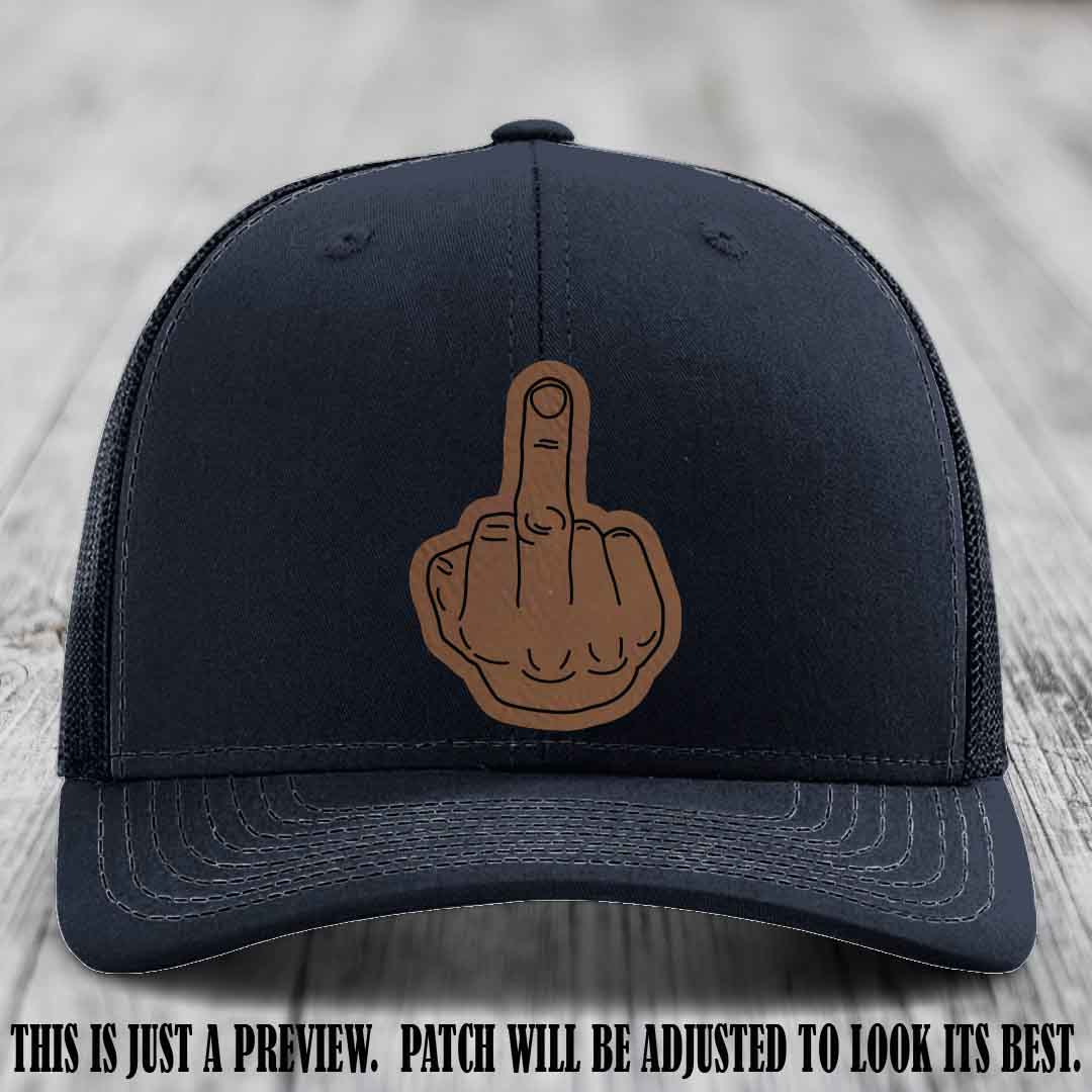 Flipping the Bird Dark Brown to Black Patch Leather Patch on Navy Hat