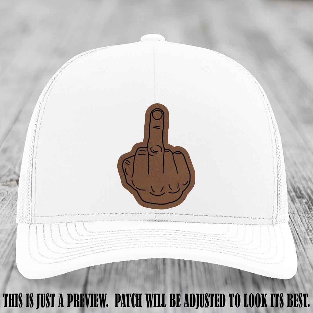 Flipping the Bird Dark Brown to Black Patch Leather Patch on White Hat
