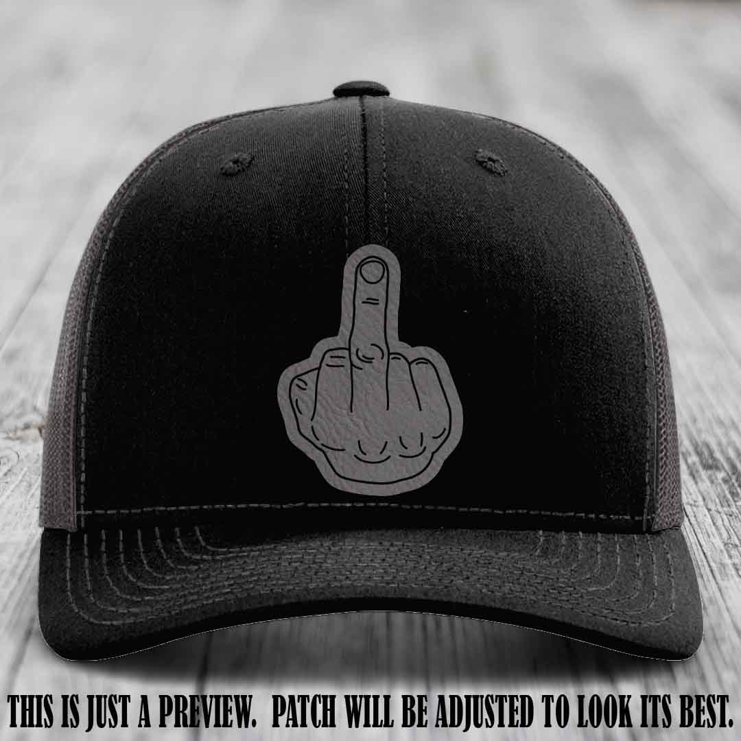 Flipping the Bird Grey to Black Patch Leather Patch on Black to Charcoal Hat