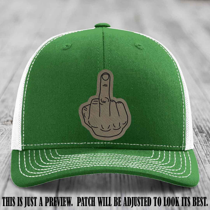 Flipping the Bird Light Brown to Black Patch Leather Patch on Kelly to White Hat