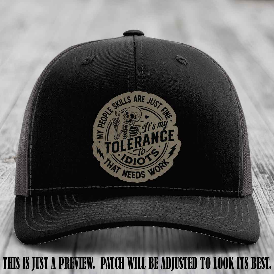 Tolerance to Idiots Light Brown to Black Patch on Black to Charcoal Hat Richardson 112 leather patch hat