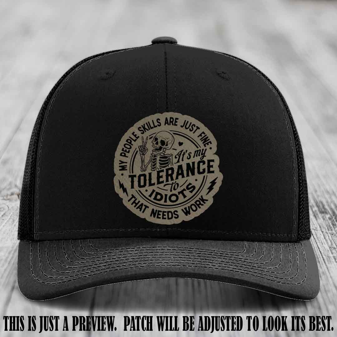 Tolerance to Idiots Light Brown to Black Patch on Black Hat Richardson 112 leather patch hat