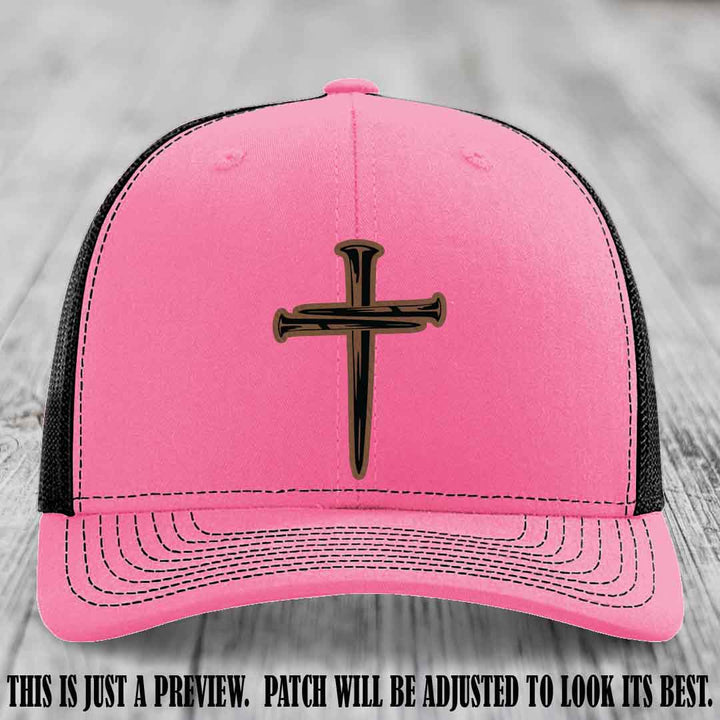 Cross of Nails Dark Brown to Black Patch on Hot Pink to Black Hat - Richardson 112 Leather Patch Hat