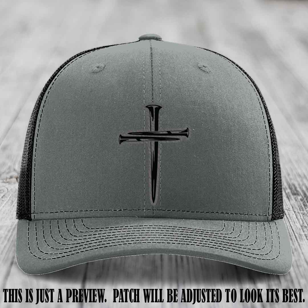 Cross of Nails Grey to Black Patch on Heather Grey to Black Hat - Richardson 112 Leather Patch Hat