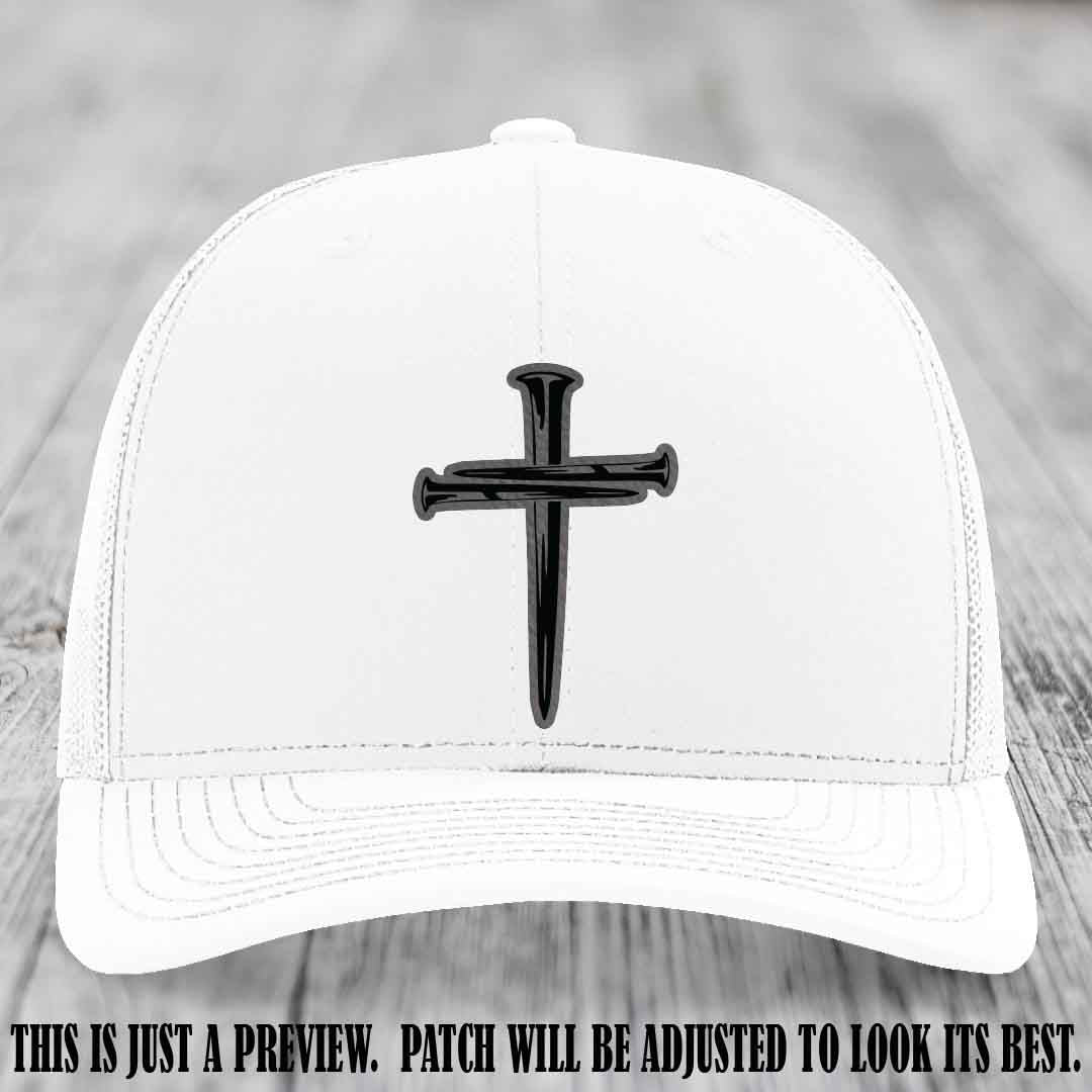 Cross of Nails Grey to Black Patch on White Hat - Richardson 112 Leather Patch Hat