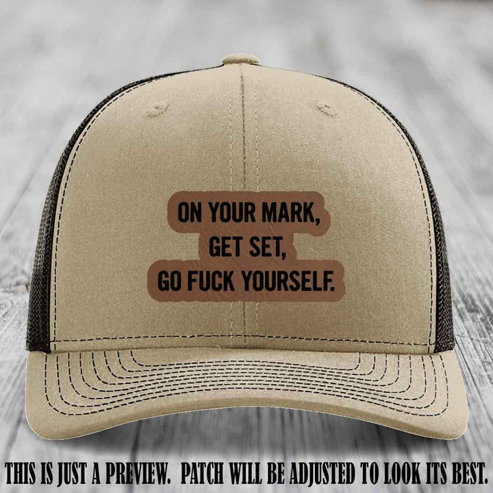 On Your Mark - Dark Brown to Black Patch on Khaki to Coffee Hat Richardson 112 Leather Patch Hat