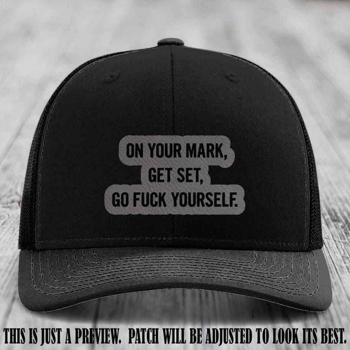On Your Mark - Grey to Black Patch on Black Hat Richardson 112 Leather Patch Hat