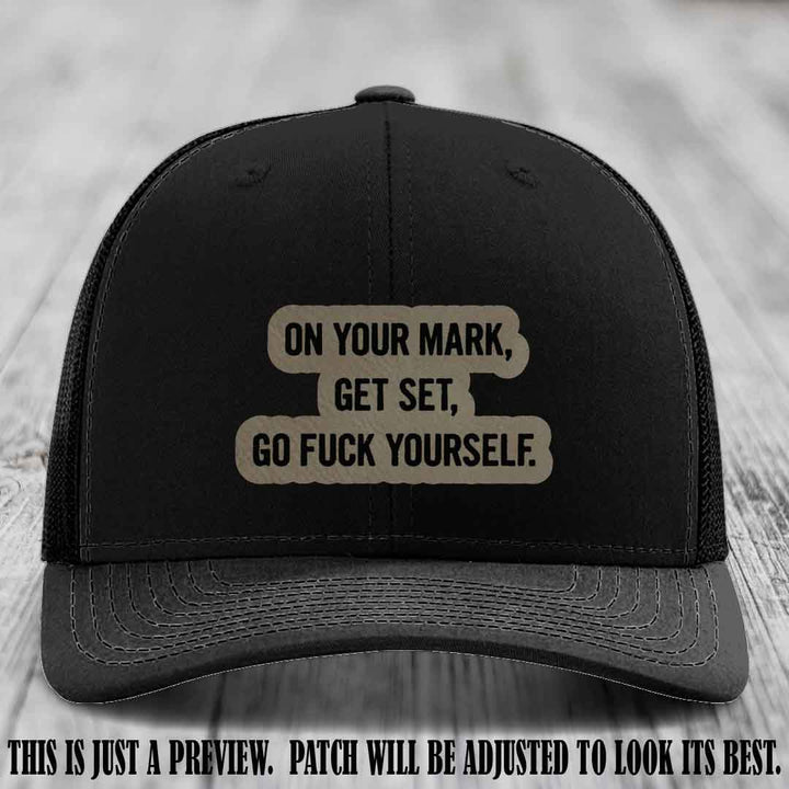 On Your Mark - Light Brown to Black Patch on Black Hat Richardson 112 Leather Patch Hat