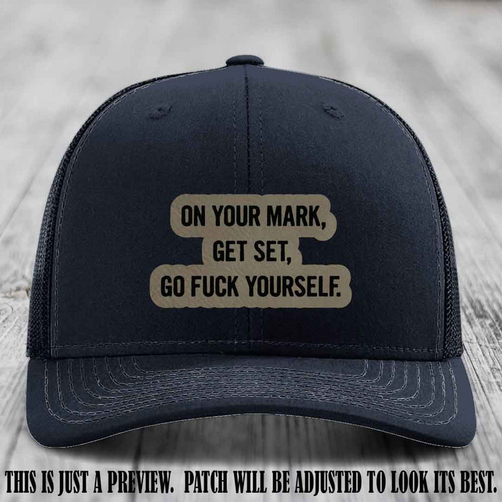 On Your Mark - Light Brown to Black Patch on Navy Hat Richardson 112 Leather Patch Hat