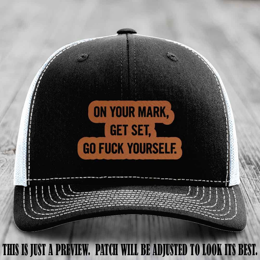 On Your Mark - Rawhide to Black Patch on Black to White Hat Richardson 112 Leather Patch Hat