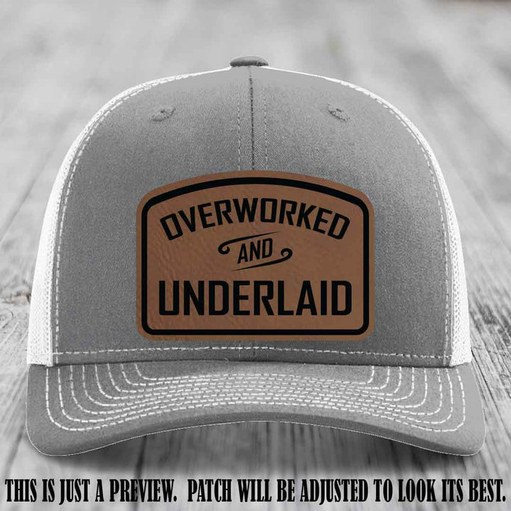 Overworked and Underlaid design Dark Brown to Black Patch on Heather Grey to White Hat Richardson 112 Hat