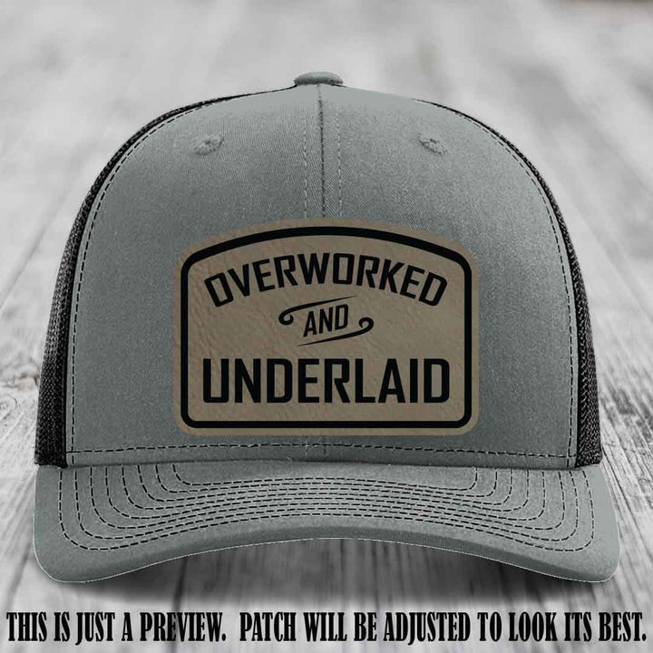 Overworked and Underlaid design Light Brown to Black Patch on Heather Grey to Black Hat Richardson 112 Hat