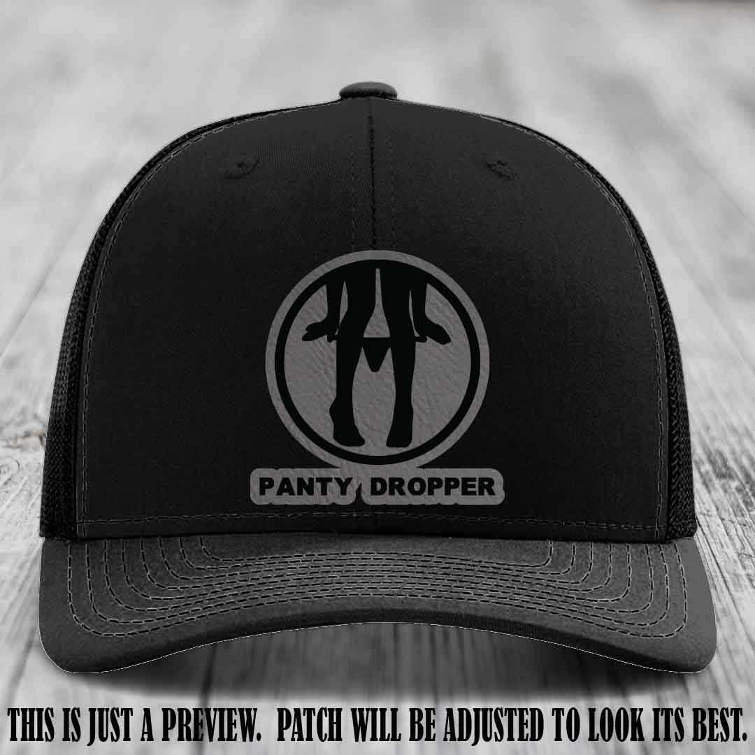 Panty Dropper Grey to Black Patch Leather Patch on Black Hat - Richardson 112 Custom Hat