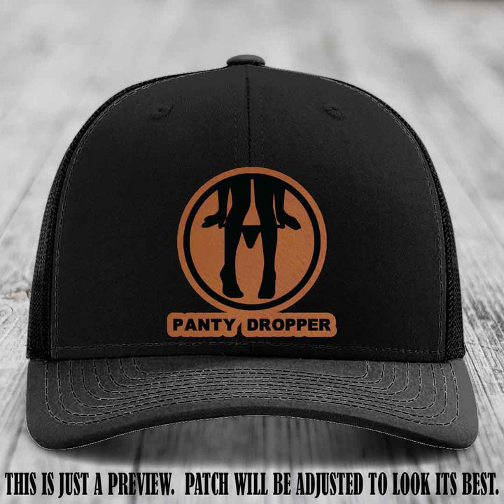 Panty Dropper Rawhide to Black Patch Leather Patch on Black Hat - Richardson 112 Custom Hat