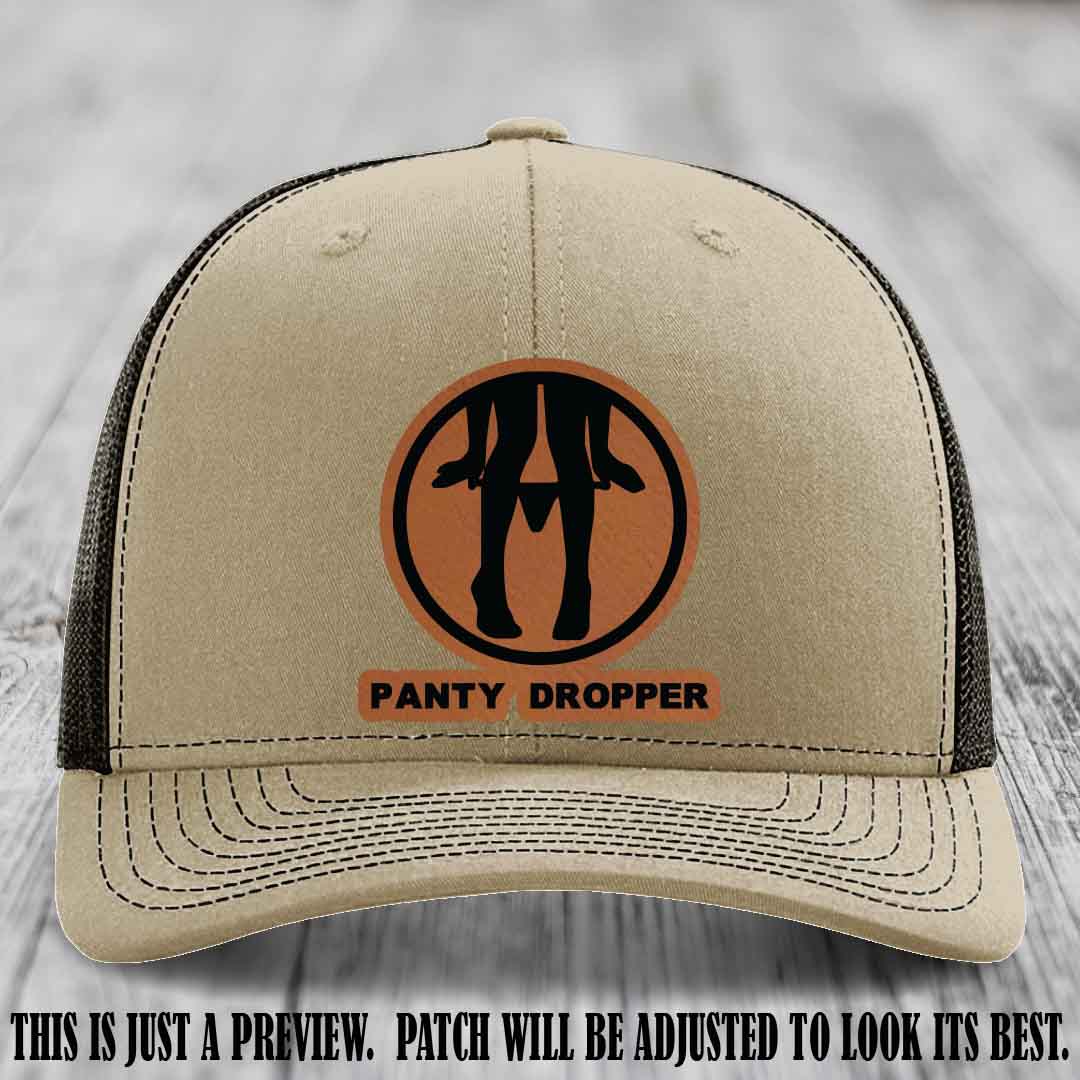 Panty Dropper Rawhide to Black Patch Leather Patch on Khaki to Coffee Hat - Richardson 112 Custom Hat