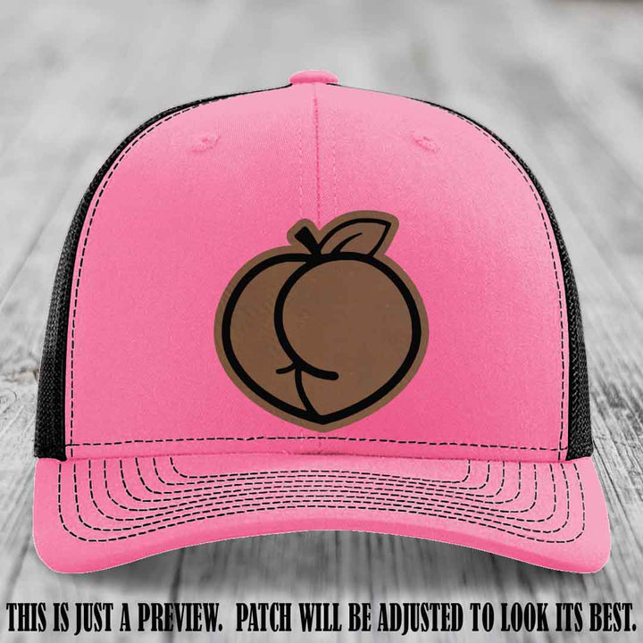 Peachy Keen Dark Brown to Black Patch on Hot Pink to Black Hat - Funny Custom Richardson 112 Leather Patch Hat