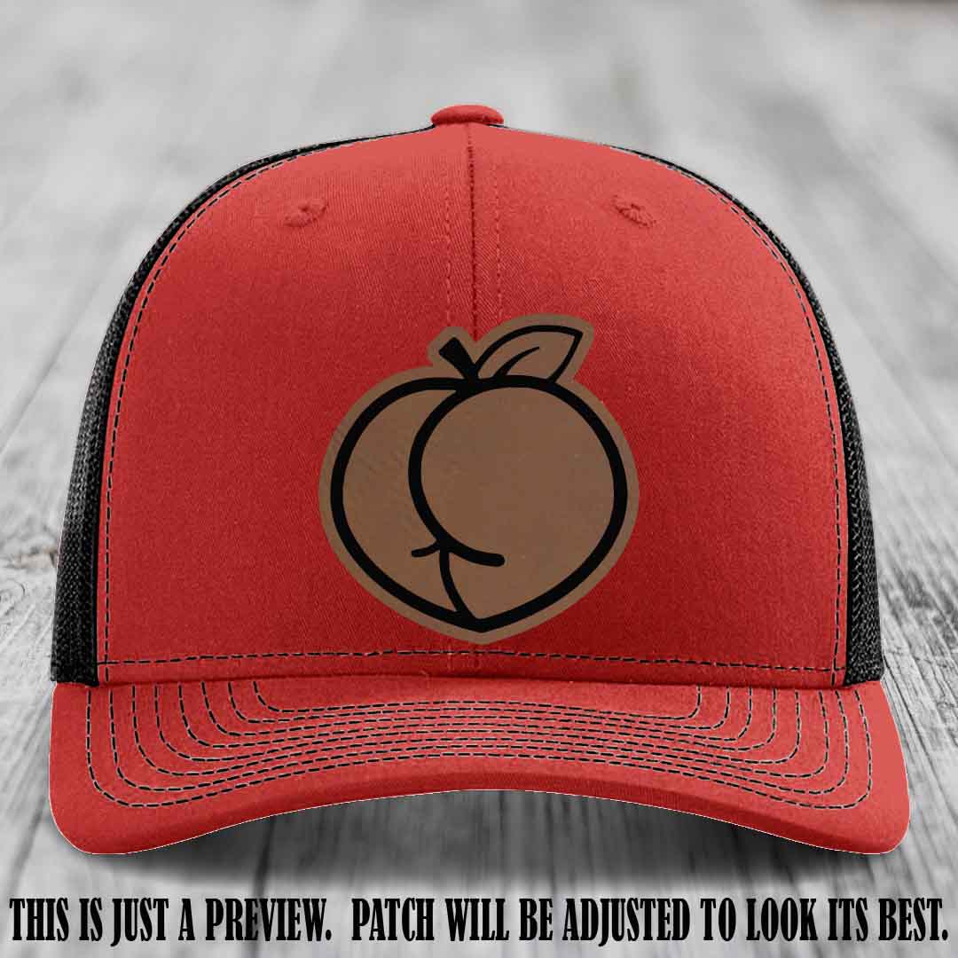 Peachy Keen Dark Brown to Black Patch on Red to Black Hat - Funny Custom Richardson 112 Leather Patch Hat