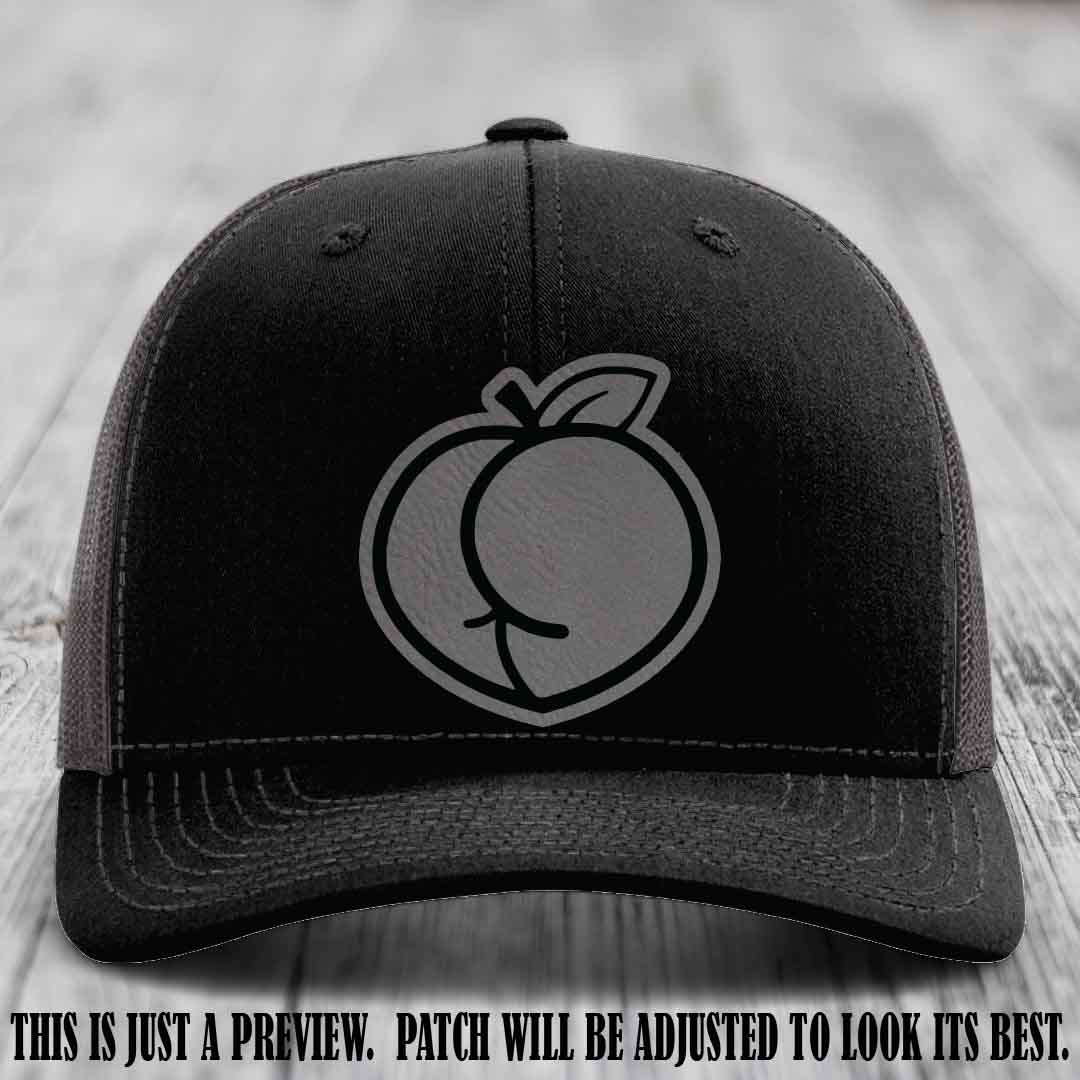 Peachy Keen Grey to Black Patch on Black to Charcoal Hat - Funny Custom Richardson 112 Leather Patch Hat