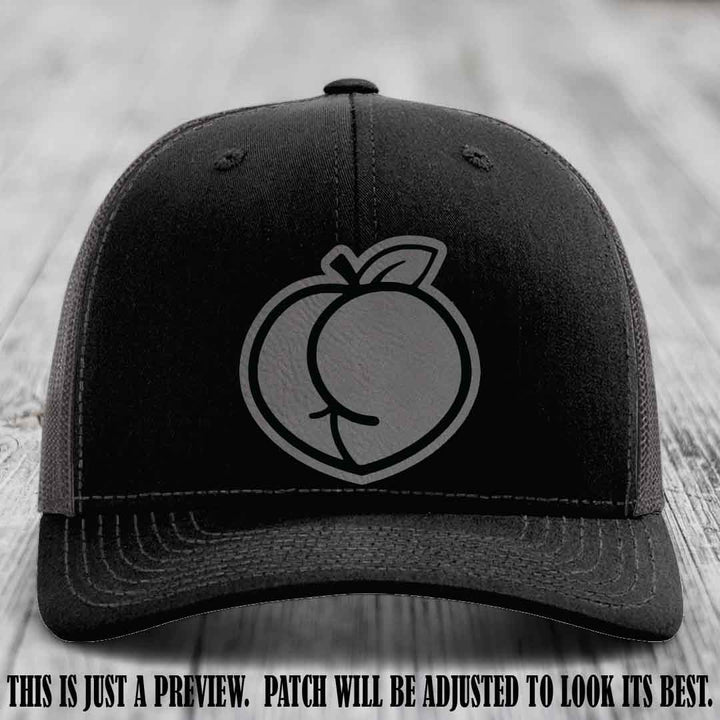 Peachy Keen Grey to Black Patch on Black to Charcoal Hat - Funny Custom Richardson 112 Leather Patch Hat