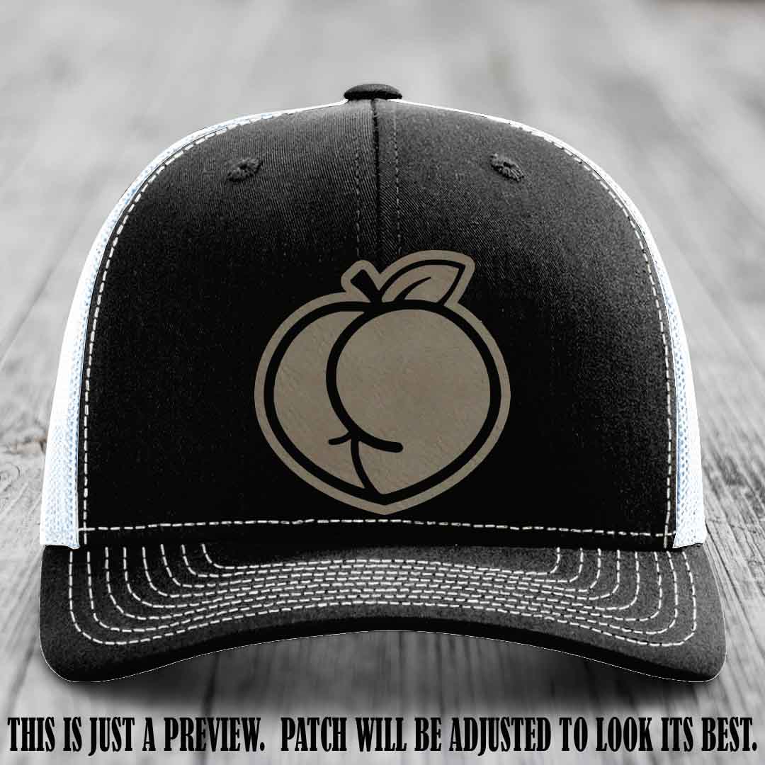 Peachy Keen Light Brown to Black Patch on Black to White Hat - Funny Custom Richardson 112 Leather Patch Hat
