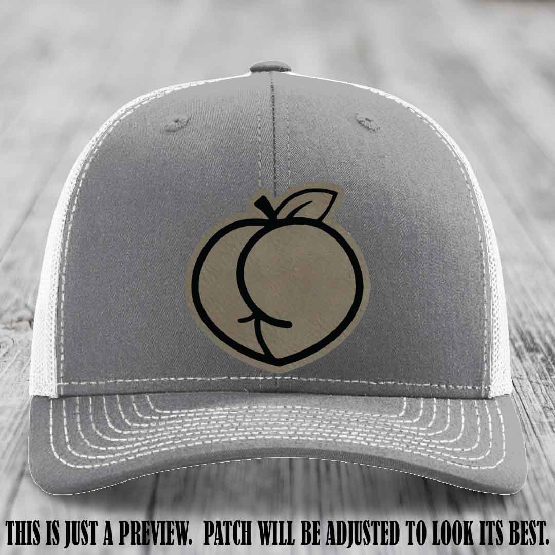 Peachy Keen Light Brown to Black Patch on Heather Grey to White Hat - Funny Custom Richardson 112 Leather Patch Hat