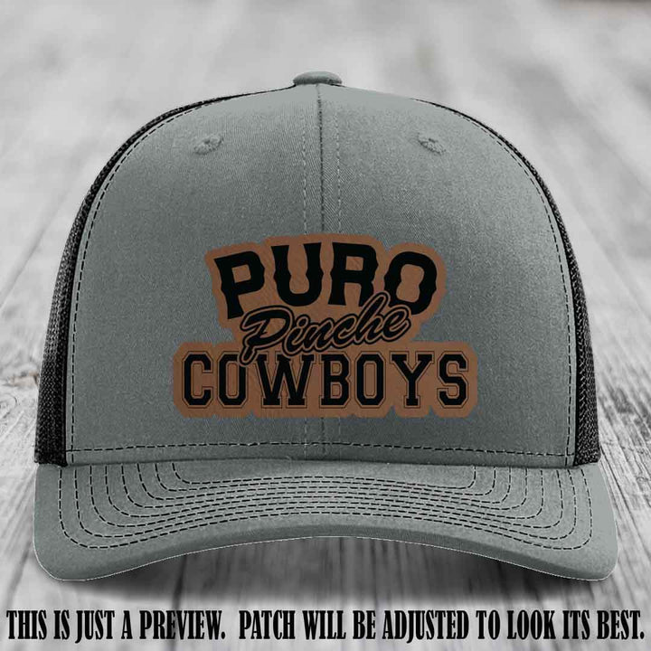 Puro Pinche Cowboys Dark Brown to Black Patch on Heather Grey to Black Hat Richardson 112 leather patch hat
