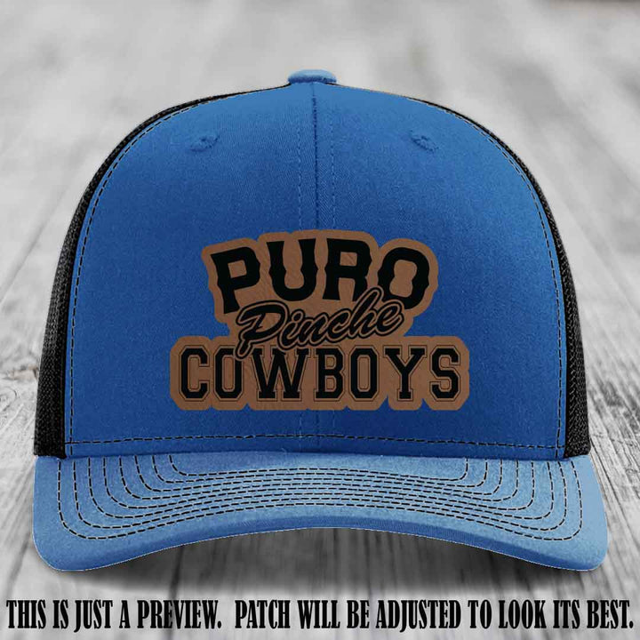 Puro Pinche Cowboys Dark Brown to Black Patch on Royal to Black Hat Richardson 112 leather patch hat