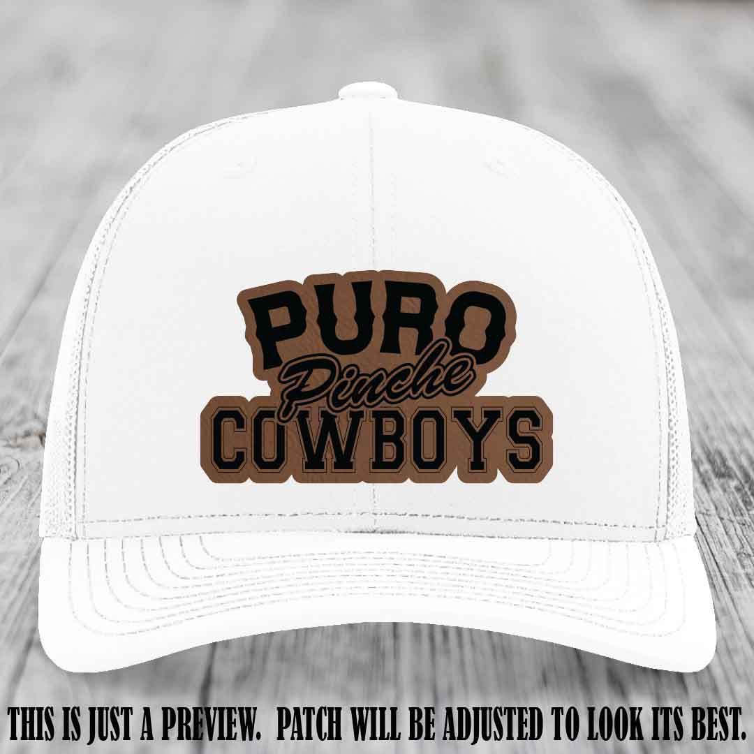 Puro Pinche Cowboys Dark Brown to Black Patch on White Hat Richardson 112 leather patch hat